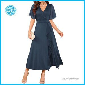 Elegant Cocktail Dress V-Neck Flared Sleeves Ruffle Split Formal Evening Wear